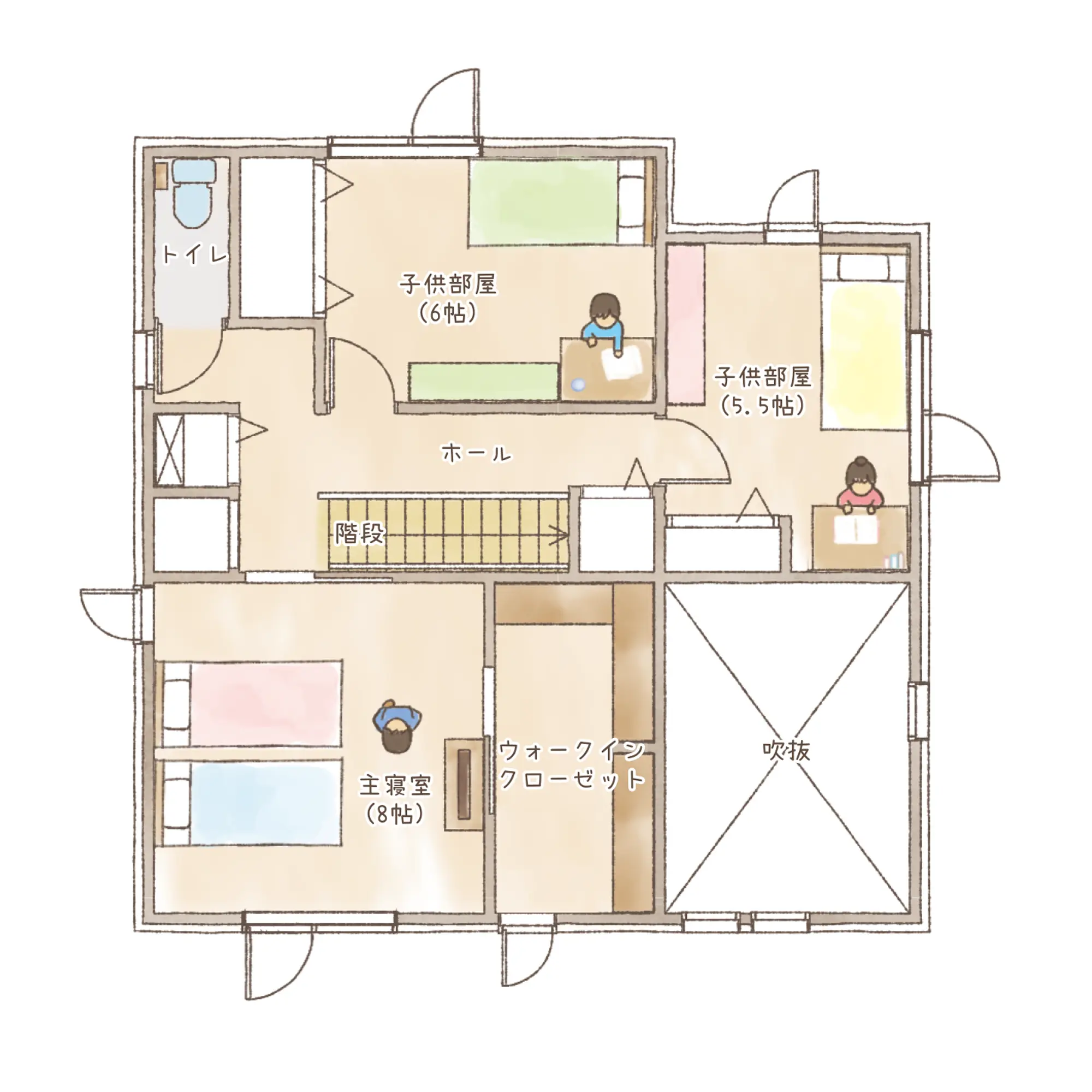 一条のハグミーN37-4545-0001の2階平面図|北4LDKで吹き抜け・リビング階段・ウォークインクローゼット・シューズクローク・和室・耐水害仕様 変更可能プランのプラン間取り