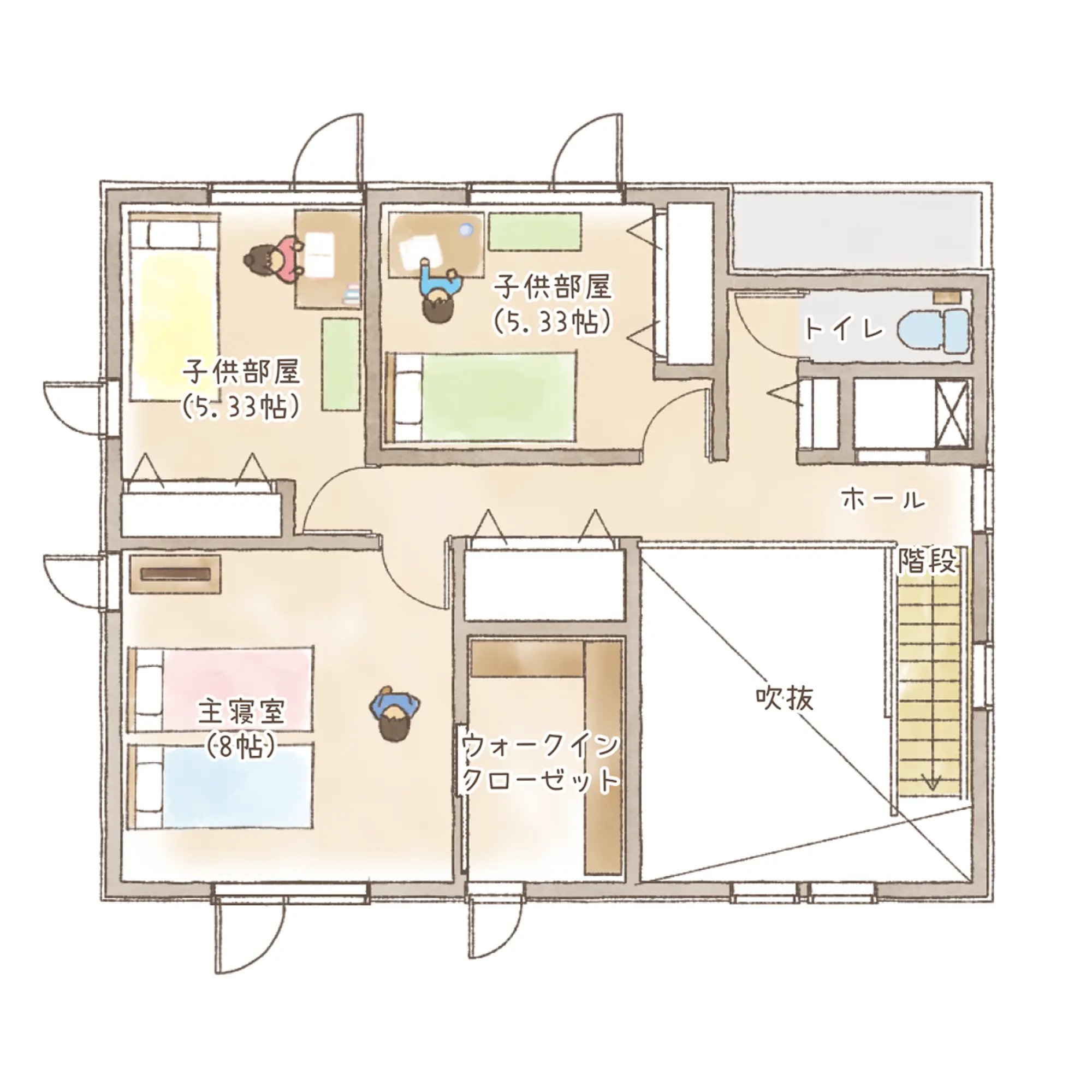 一条のハグミーN37-5040-0002の2階平面図|北4LDKで吹き抜け・リビング階段・ウォークインクローゼット・シューズクローク・和室・耐水害仕様 変更可能プランのプラン間取り