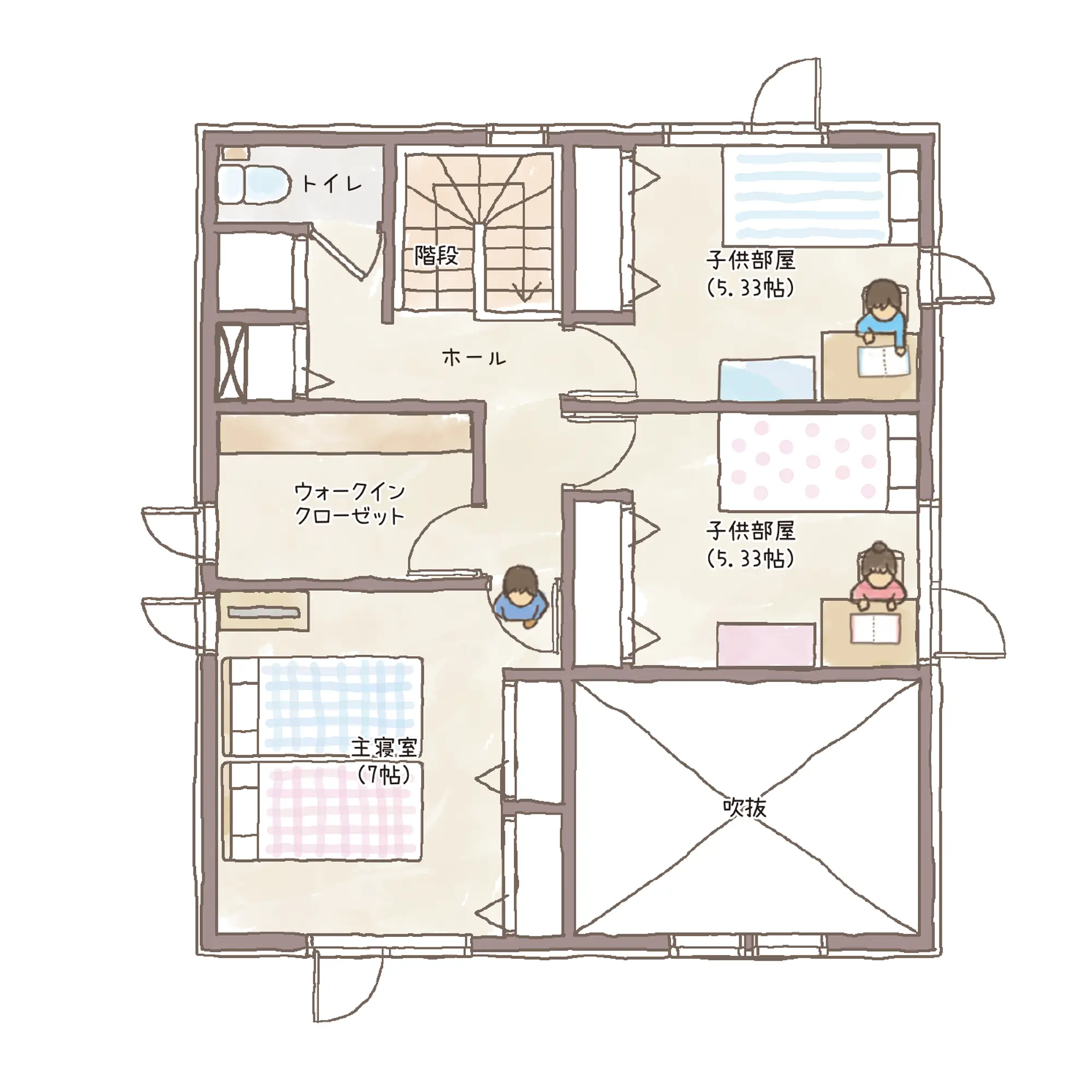 一条のハグミーW34-4540-0001の2階平面図|東西3LDKで吹き抜け・リビング階段・ウォークインクローゼット・シューズクローク・耐水害仕様 変更可能プランのプラン間取り