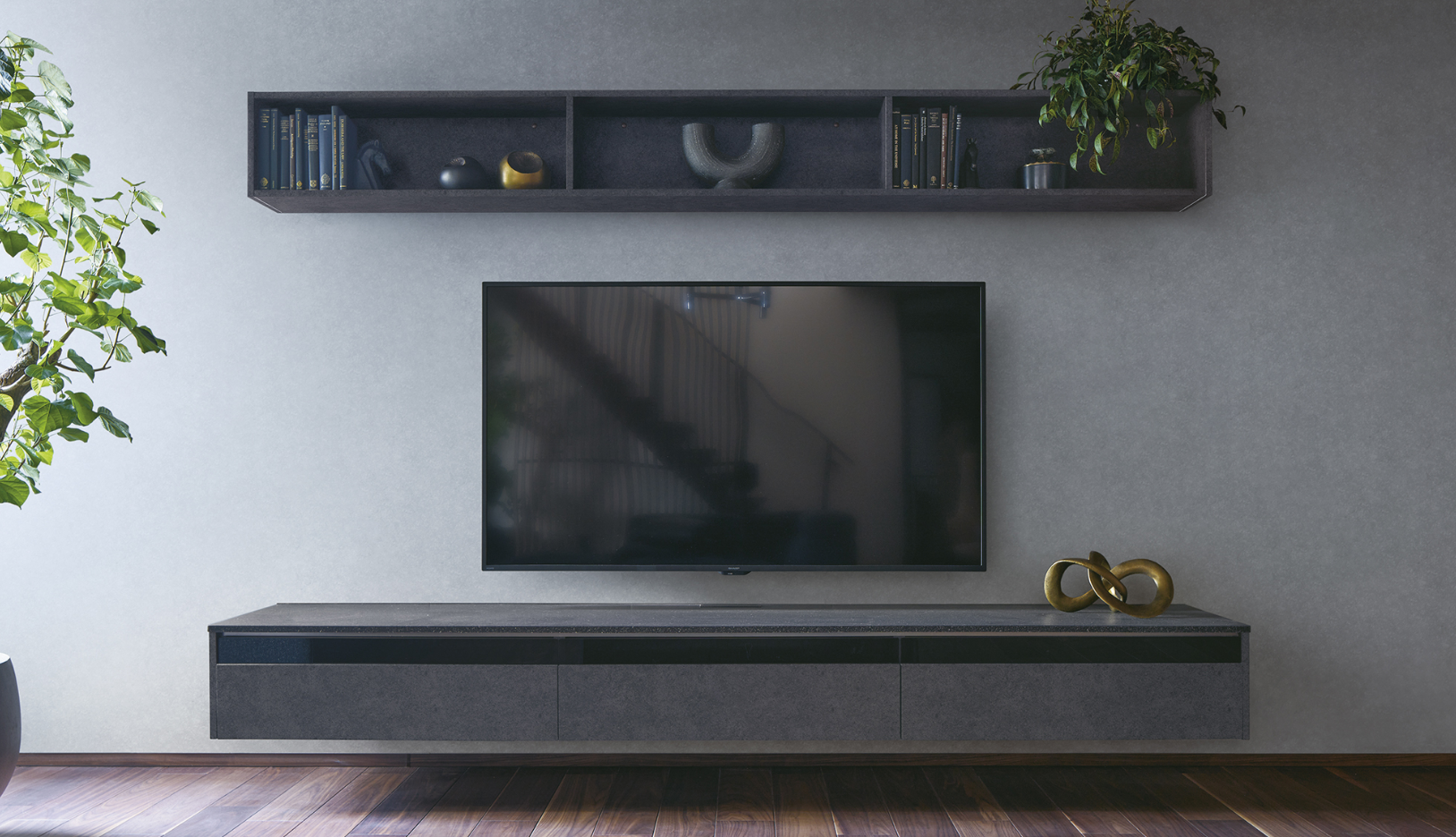 黒を基調としたフロートテレビボードと壁面収納