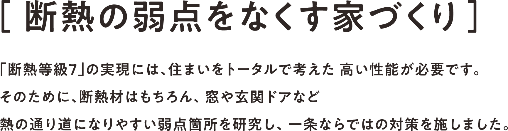 断熱の弱点をなくす家づくり 「断熱等級７」の実現には、住まいをトータルで考えた 高い性能が必要です。そのために、断熱材はもちろん、 窓や玄関ドアなど熱の通り道になりやすい弱点箇所を研究し、 一条ならではの対策を施しました。