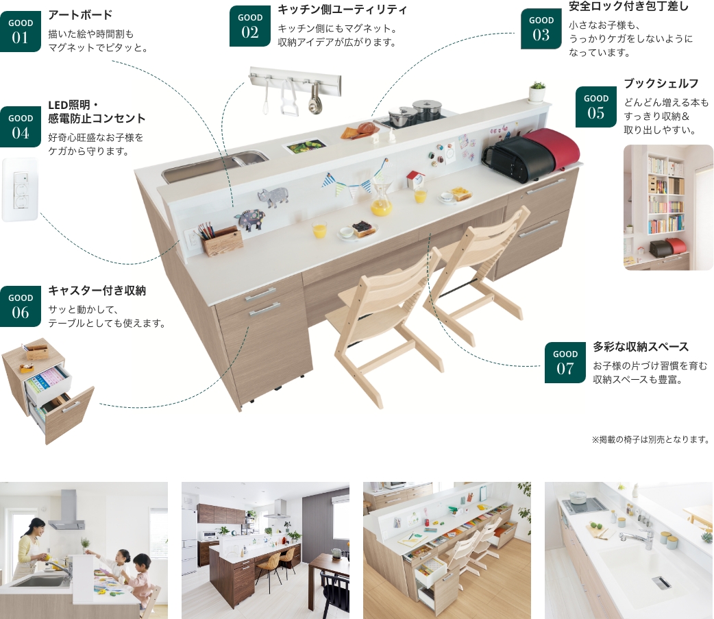 GOOD01 アートボード 描いた絵や時間割もマグネットでピタッと。GOOD02 キッチン側ユーティリティ キッチン側にもマグネット。収納アイデアが広がります。GOOD03 安全ロック付き包丁差し 小さなお子様も、うっかりケガをしないようになっています。GOOD04 LED照明・感電防止コンセント 好奇心旺盛なお子様をケガから守ります。GOOD05 ブックシェルフ どんどん増える本もすっきり収納＆取り出しやすい。GOOD06 キャスター付き収納 サッと動かして、テーブルとしても使えます。GOOD07 多彩な収納スペース お子様の片づけ習慣を育む収納スペースも豊富。