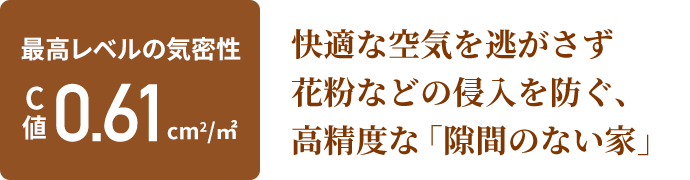 最高レベルの気密性　C値 0.61㎠/㎡ 快適な空気を逃さず花粉などの侵入を防ぐ、高精度な「隙間のない家」