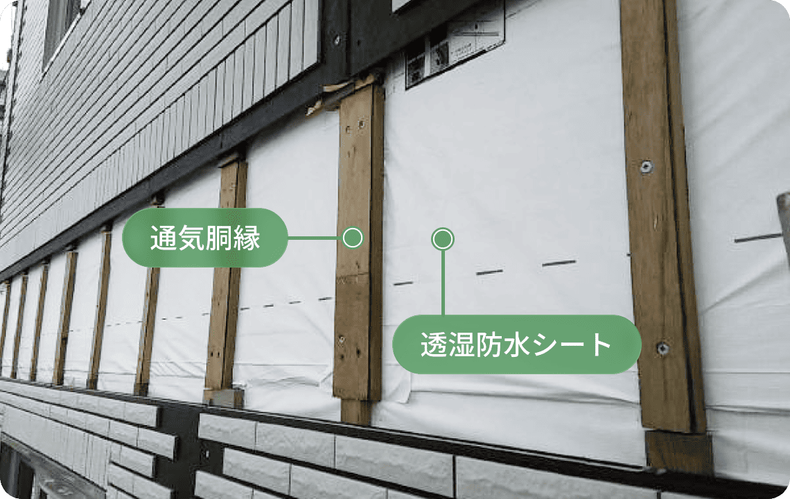 透湿防水シートと通気胴縁で通気層を確保。