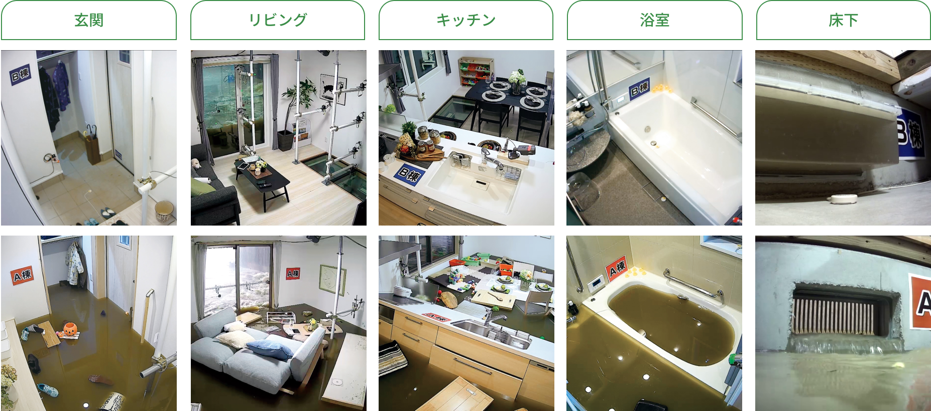 玄関、リビング、キッチン、浴室、床下の比較