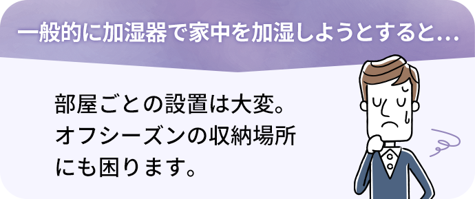 加湿器で家中を加湿しようとすると… 部屋ごとの設置は大変。オフシーズンの収納場所にも困ります。