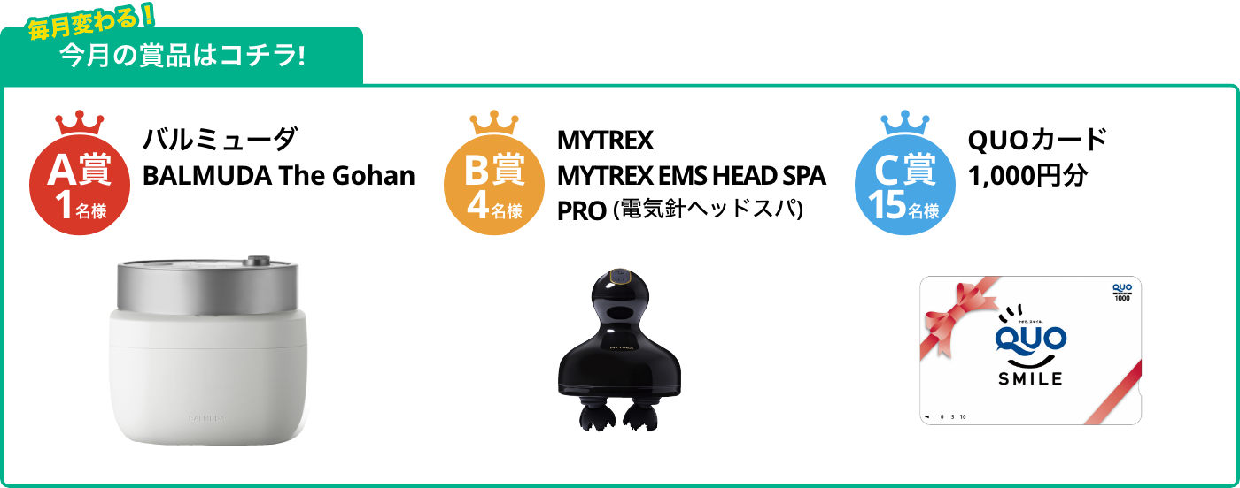 A賞1名様 BALMUDA The Gohan B賞4名様 MYTREX EMS HEAD SPA PRO(電気針ヘッドスパ) C賞15名様 QUOカード1,000円分