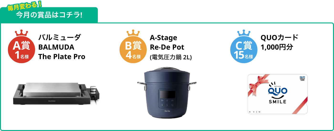 A賞1名様 The Plate Pro B賞4名様 Re‧De Pot (炊飯器) C賞15名様 QUOカード1,000円分
