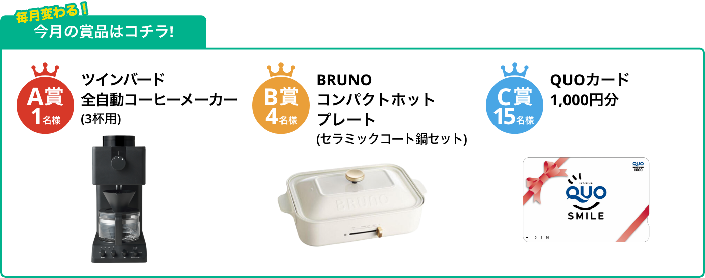 A賞1名様 全自動コーヒーメーカー（3杯用） B賞4名様 コンパクトホットプレート(セラミックコート鍋セット) C賞15名様 QUOカード1,000円分