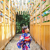 浴衣を来た少女が沢山の吊るされた風鈴の下を歩いている写真