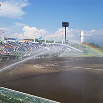 野球場に水がまかれ虹が出ている風景