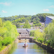 新緑に包まれた川の中に小さな船が浮かんでいる光景の写真