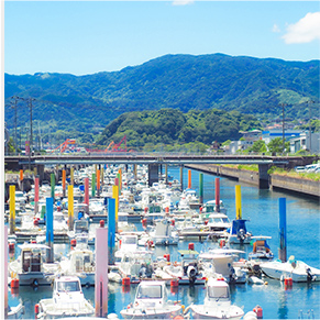 沢山のボートが停泊している川と広大な山の風景